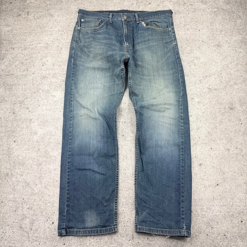 Levis 505 Straight Leg Regular Fit Blue Wash Distressed Jeans Mens 36x30